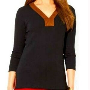 Lauren Ralph Lauren Faux Suede Trim V-Neck Top‎